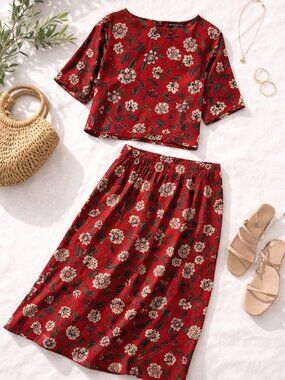 Notations 2X Red Floral Blouse & Skirt Set 100% Rayon Boho Midi Outfit
